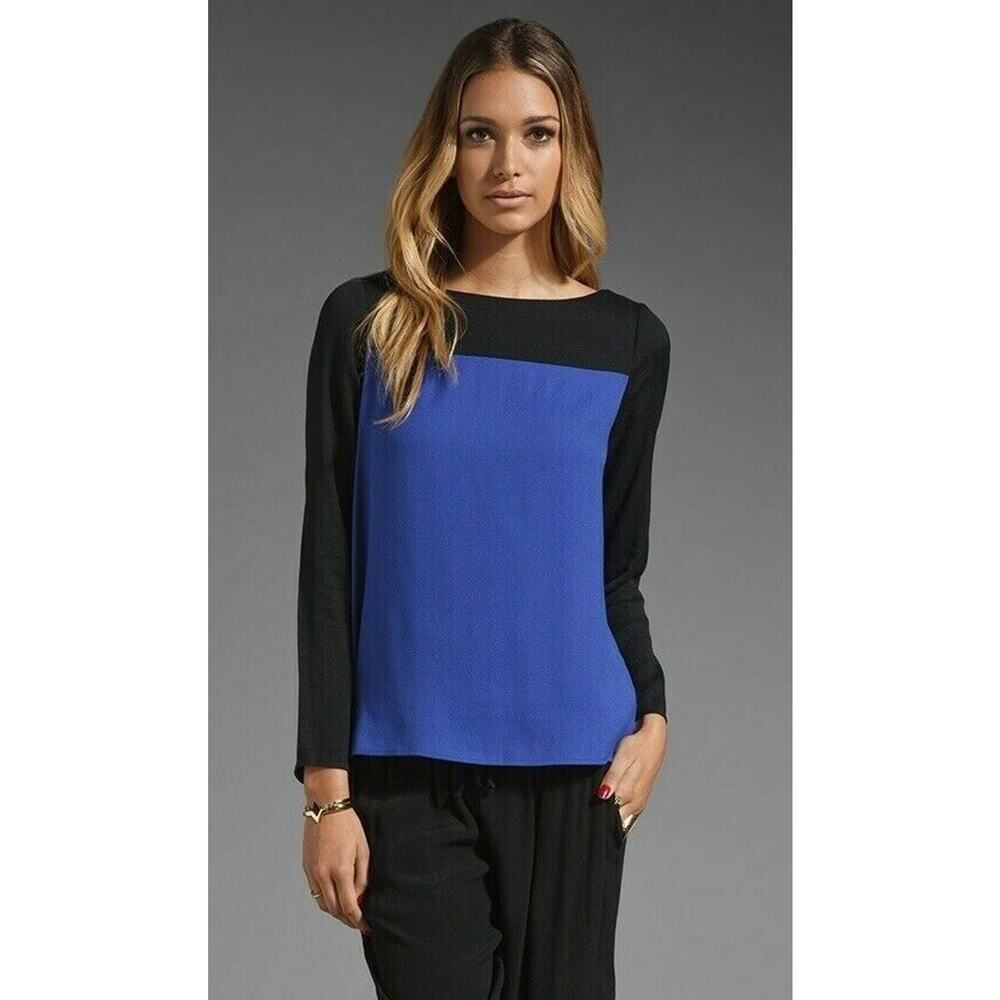 $168 JOIE Blue & Black Aliso Colorblock Top Blouse Tunic Designer Revolve L